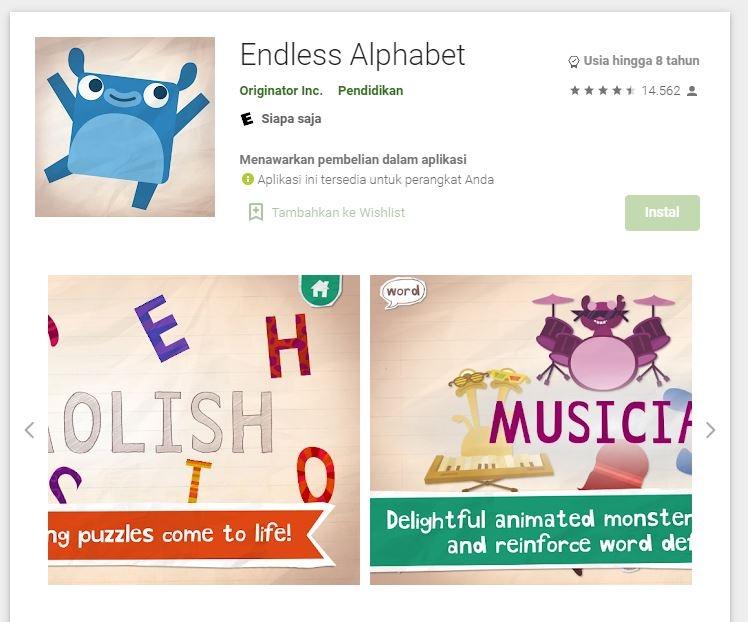 Game Edukasi Anak - Endless Alphabet. (Google Play Store)
