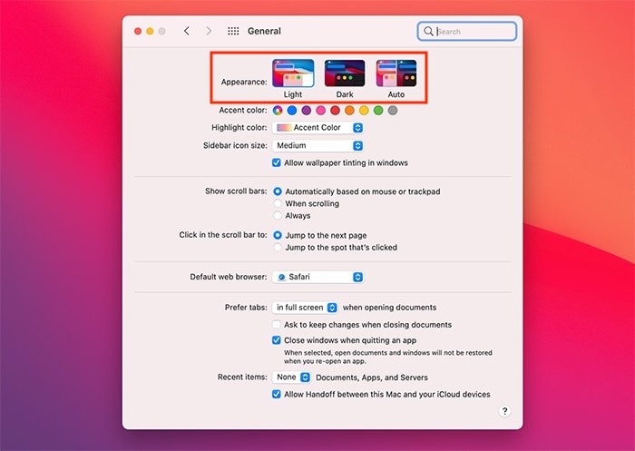 Tampilan Preferensi Sistem Mode Gelap Macos