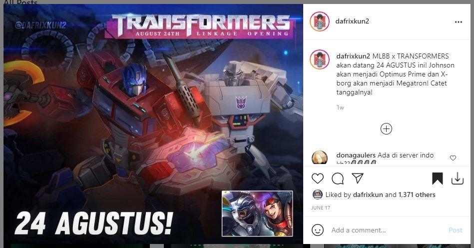 Bocoran kolaborasi Mobile Legends x Transformers. (Instagram/ @dafrixkun2)