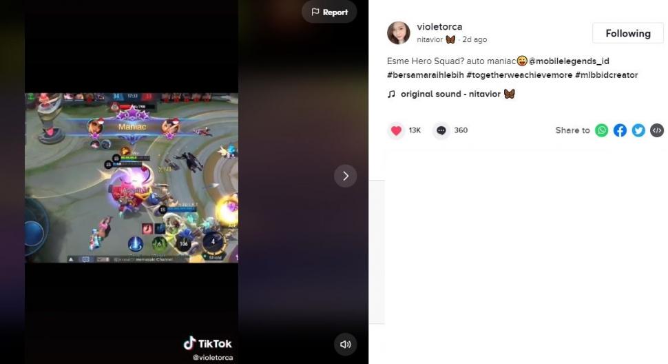 Nitavior mendapatkan Maniac di Mobile Legends menggunakan skin baru Esmeralda. (TikTok/ @violetorca)