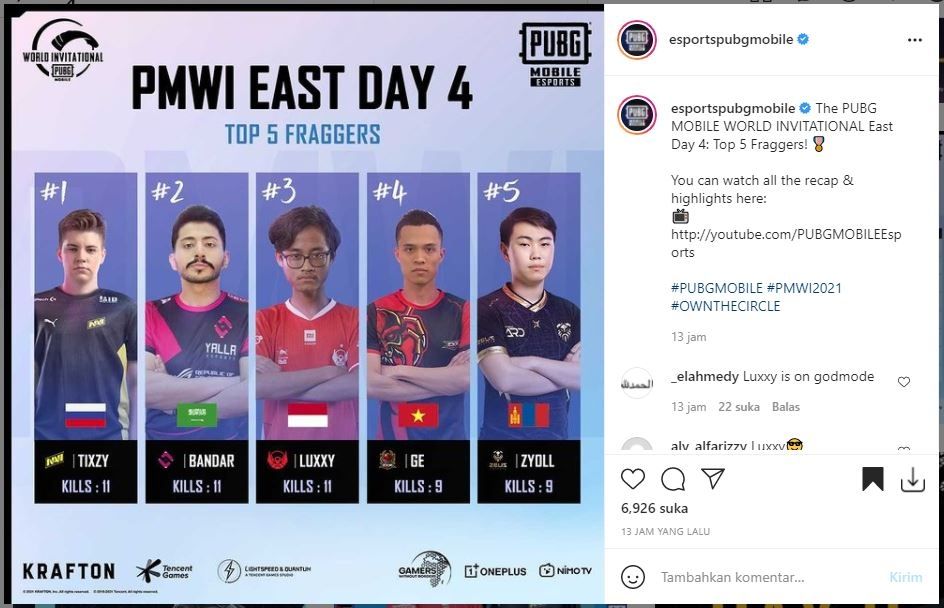 BTR Luxxy masuk dalam Top 5 Fraggers PMWI Day 4. (Instagram/ esportspubgmobile)