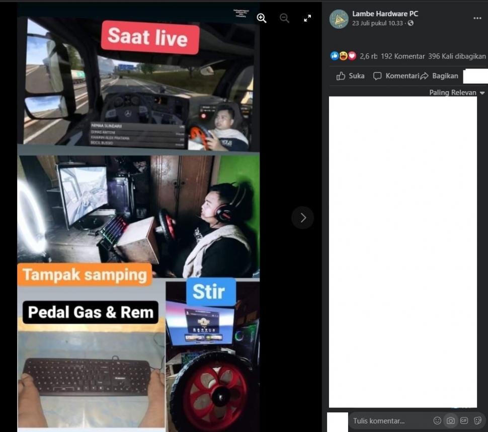 Setup gaming buatan sendiri untuk main game simulasi truk. (Facebook/ Lambe Hardware PC)