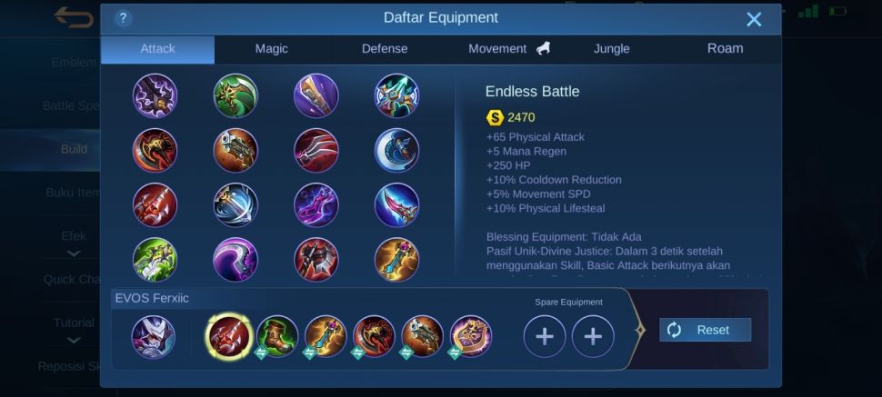 Build item Hayabusa Mobile Legends ala EVOS Ferxiic di game pertama melawan AE. (HiTekno)